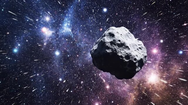 Asteroid journey through vibrant nebula with distant stars and cosmic dust during deep space exploration