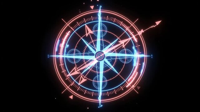 Futuristic HUD compass interface, glowing digital navigation display, high-tech blue and orange holographic UI element for sci-fi motion graphics