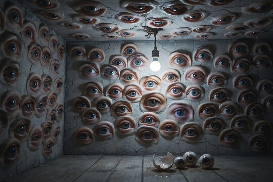 Surreal Dark Room Walls Covered with Staring Eyeballs Under Light Bulb