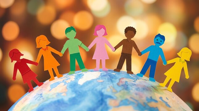 Diverse paper cut people holding hands on globe for global unity and diversity concept