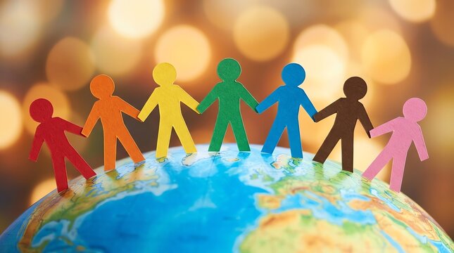 Diverse Paper Cutout People Holding Hands Standing on a Globe Concept of Global Unity and Diversity