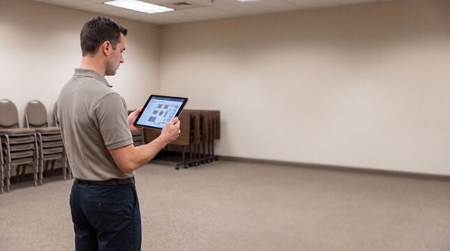 Event coordinator checking empty conference hall with tablet