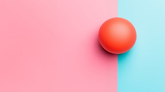 A vibrant orange sphere rests on a split pink and light blue background, creating a simple yet striking composition