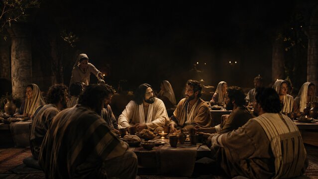 Jesus Christ with disciples and guests at wedding feast in Cana of Galilee. Biblical scene of miracle when Christ turned water into