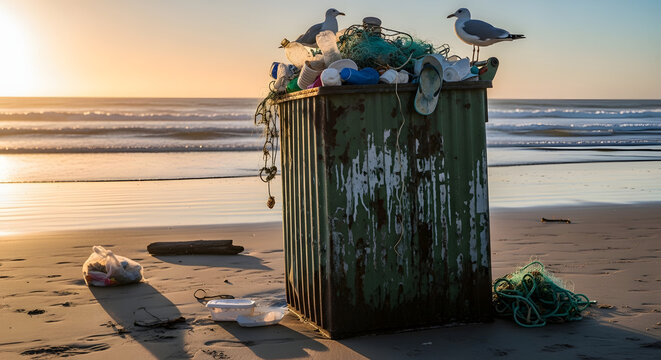 Overflowing trash bin on a sandy beach with seagull birds scavenging