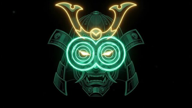 Neon samurai helmet with glowing green goggles. Cyberpunk warrior mask in futuristic style. Japanese shogun armor for gaming and esports.