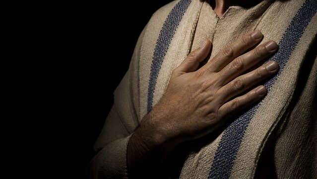 Man in biblical robe with hand on chest. Closeup of Jesus figure in traditional ancient clothing on black background