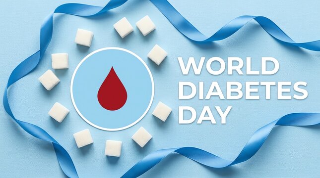 World Diabetes Day Concept with Red Blood Drop and Sugar Cubes on Blue Background