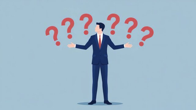 Confused businessman shrugging shoulders while standing under floating red question marks in this corporate animated motion background video clip style