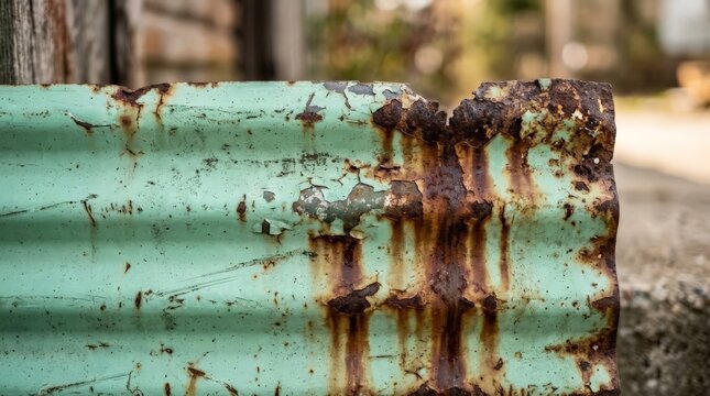 A close up view of a weathered and damaged surface, featuring a distinct rust texture metal with peeling green paint, dripping oxidation, and structural corrosion in natural outdoor light