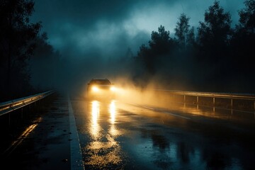Obraz premium Car drives on wet highway at night in dense fog and rain. Bright headlights cut through mist reflecting on asphalt road. Trees line dark road, creating mysterious, moody atmosphere.