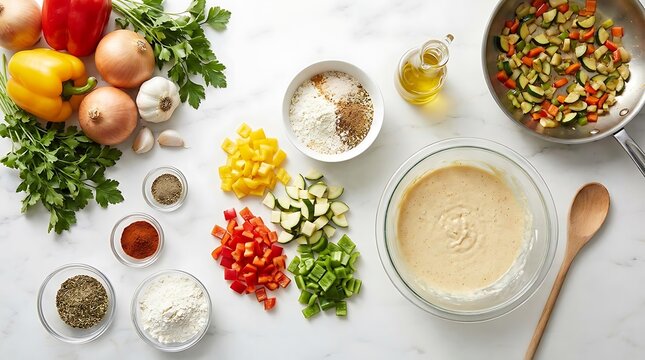Fresh raw vegetables and cooking ingredients arranged on a kitchen table for food preparation. first recipe guide
