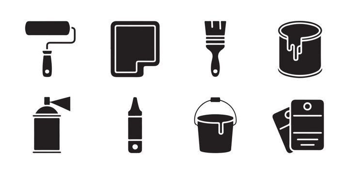 Paint tools icons collection with roller brush spray can bucket and palette on transparent ground.