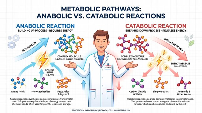 Metabolic pathways infographic explaining anabolic and catabolic reactions