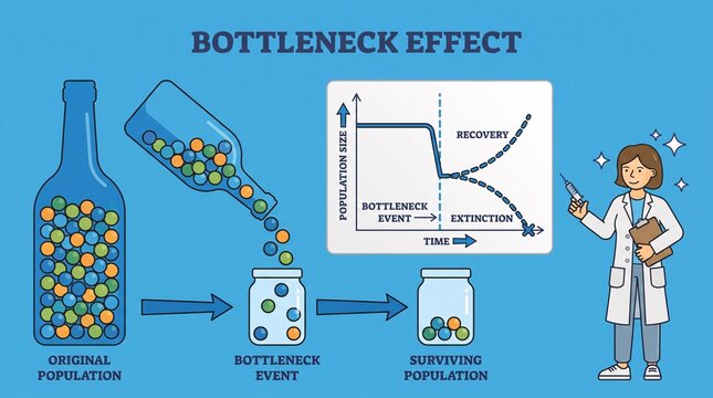 Bottleneck effect scientific illustration of population genetics