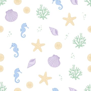 Seamless pattern with watercolor sea creatures and shells on a white background