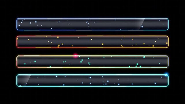 Set of four glossy glass buttons with colorful glowing neon light borders and particles