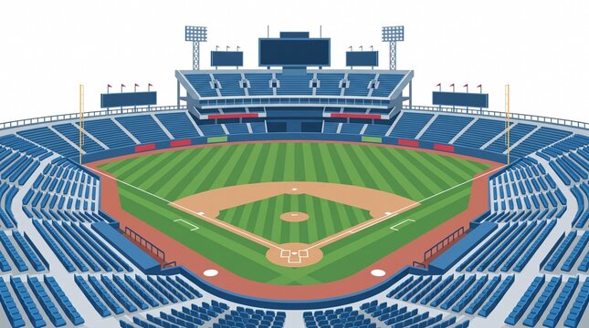 Baseball stadium field with empty blue seats and green grass turf