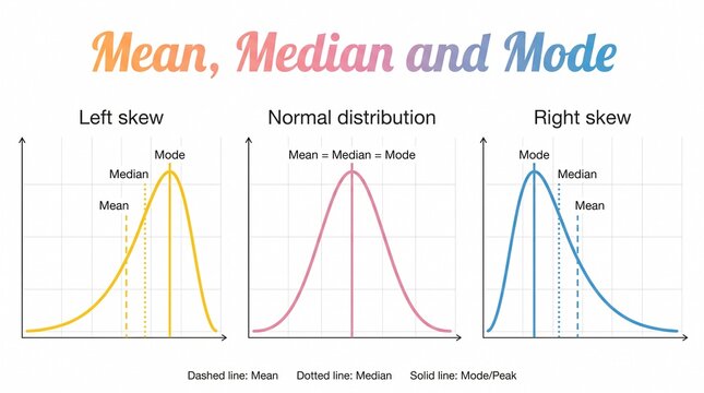 Normal and skewed distribution graphs illustrating mean median and mode