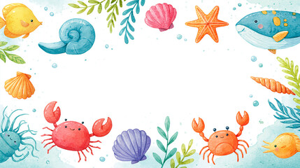 Fototapeta premium Colorful underwater scene with cheerful sea creatures and shells in a whimsical design.