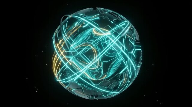 Futuristic holographic sphere with glowing blue data lines, digital technology globe animation, abstract sci-fi energy orb for cyber security