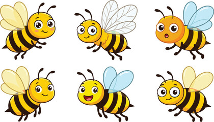 Fototapeta premium Cute Cartoon Honey Bee Vector Character Set Showing Funny Flying Insects with Various Happy Facial Expressions for Kids Nursery Graphic Designs