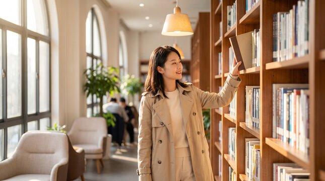 Young Asian woman wearing stylish beige trench coat selecting a book from a wooden bookshelf in a warm modern sunlit library room