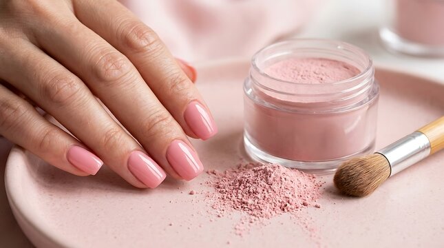 Woman hand with pink nail polish next to a jar of cosmetic powder and a makeup brush. dip powder nails