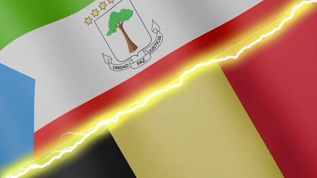 Two waving flags Equatorial Guinea and Belgium with diagonal lightning seamless, 4k loop