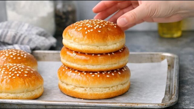 A person stacking buns on top of each other