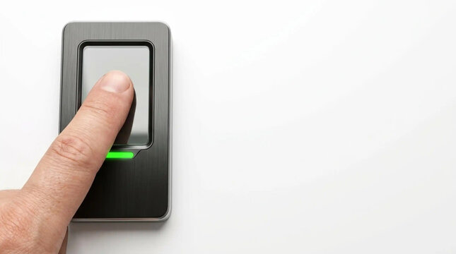 Close-up of a finger scanning on a biometric fingerprint reader with green indicator light on white background, copy space