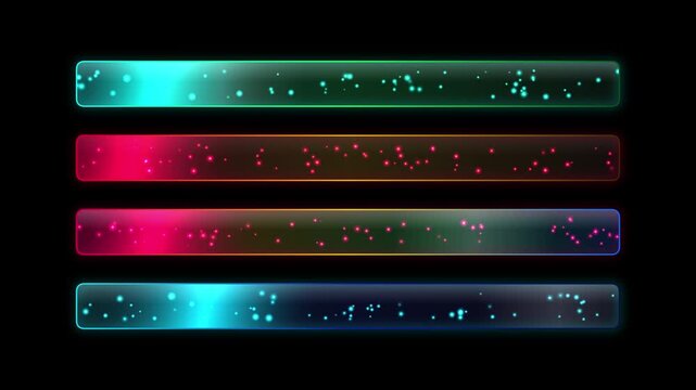 Set of four glowing neon horizontal progress bars with floating particles on black background