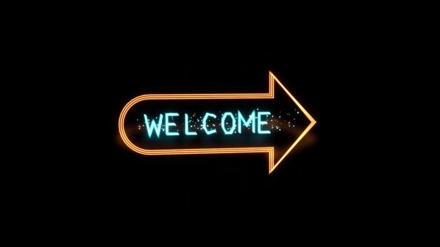 Glowing neon arrow sign with welcome text isolated on a dark black background