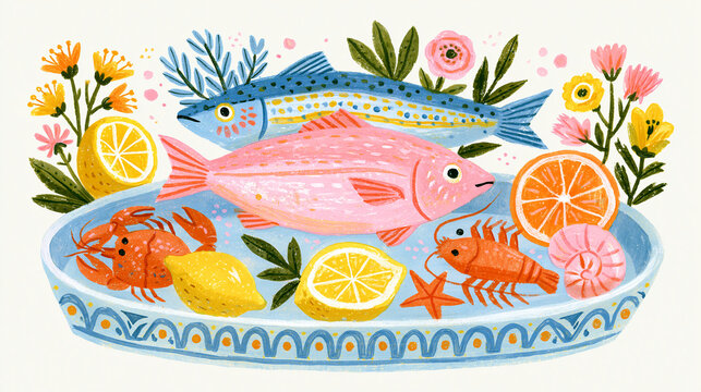 A colorful illustration featuring fish and shellfish arranged with citrus and flowers.