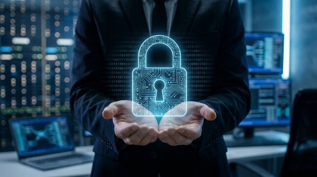 Businessman holding a glowing digital padlock icon representing cybersecurity and data safety