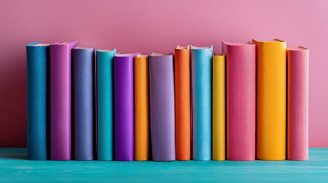 Colorful stacked books arranged neatly against a vibrant pink backdrop, showcasing knowledge, education, and a modern learning concept