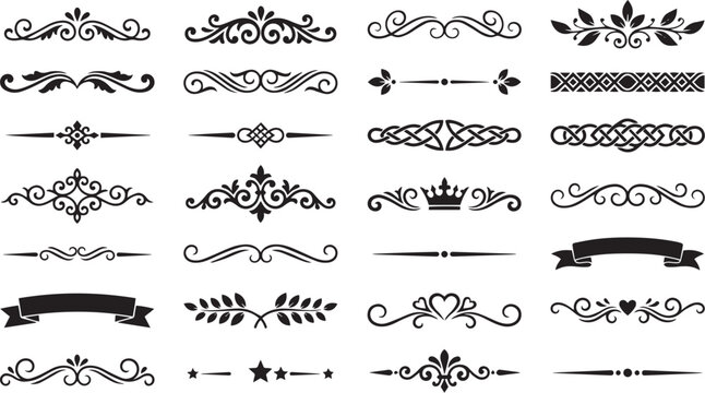 Vector ornament set collection with decorative swirl dividers, floral flourish borders, Celtic knot frames, crown, ribbon banner and laurel wreath, black calligraphic elements for wedding invitations.