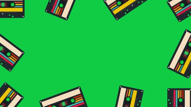 retro cassette tape border frame green screen animation,music and song retro party and musical nightclub isolated social media motion design element