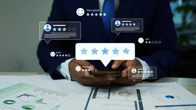 Holographic checking customer ratings on smartphone, Businessman using smartphone with hologram customer rating above financial reports, online feedback, service quality, and reputation management.