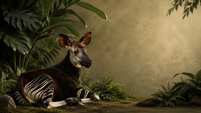 Rare endangered Okapi forest giraffe lying in lush tropical rainforest foliage horizontal background with large warm copy space for wildlife banner.