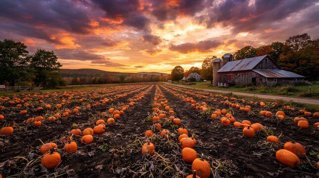 Dramatic sunset over a large pumpkin patch field with a rustic barn and autumn foliage