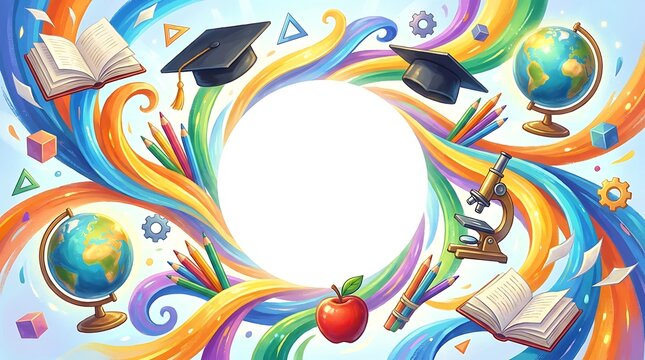 Colorful watercolor illustration of school supplies and graduation caps with a central copy space
