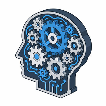 Isometric human head profile with blue gears and cogs