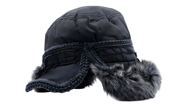 Black winter earflap hat with fur trim