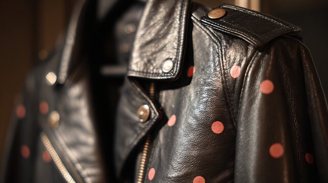 Stylish black leather jacket with vibrant red polka dots, showcasing a bold fashion statement, ideal for apparel concept imagery