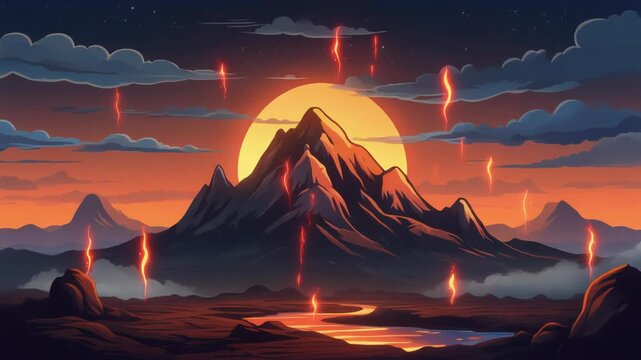 Animated fantasy volcano landscape with rising fire and glowing sun.