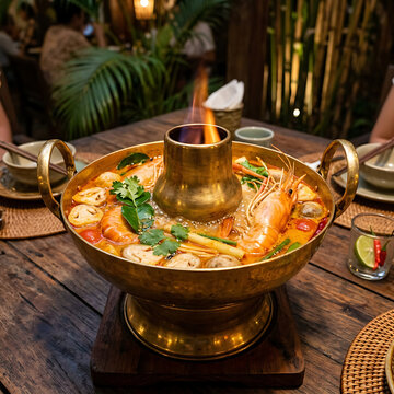 Tom yum goong spicy shrimp soup served in flaming brass hot pot