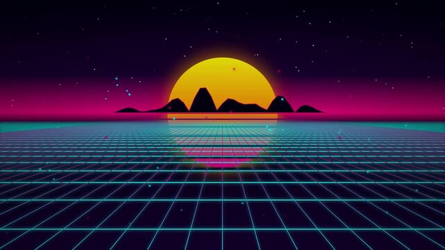 Retro Vaporwave Sunset Landscape with Grid Lines.