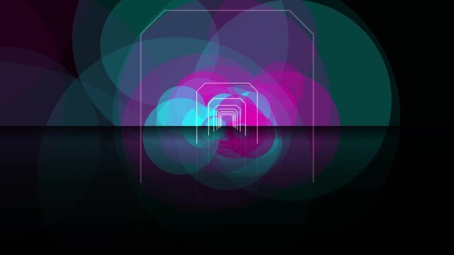 Abstract neon tunnels moving through colorful circular light orbs on transparent background