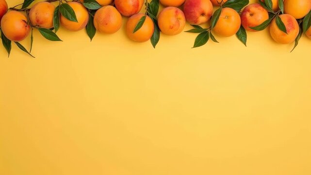 Orange Fruit Foliage Yellow Background Overhead Flat Lay Arrangement With Leaf Border